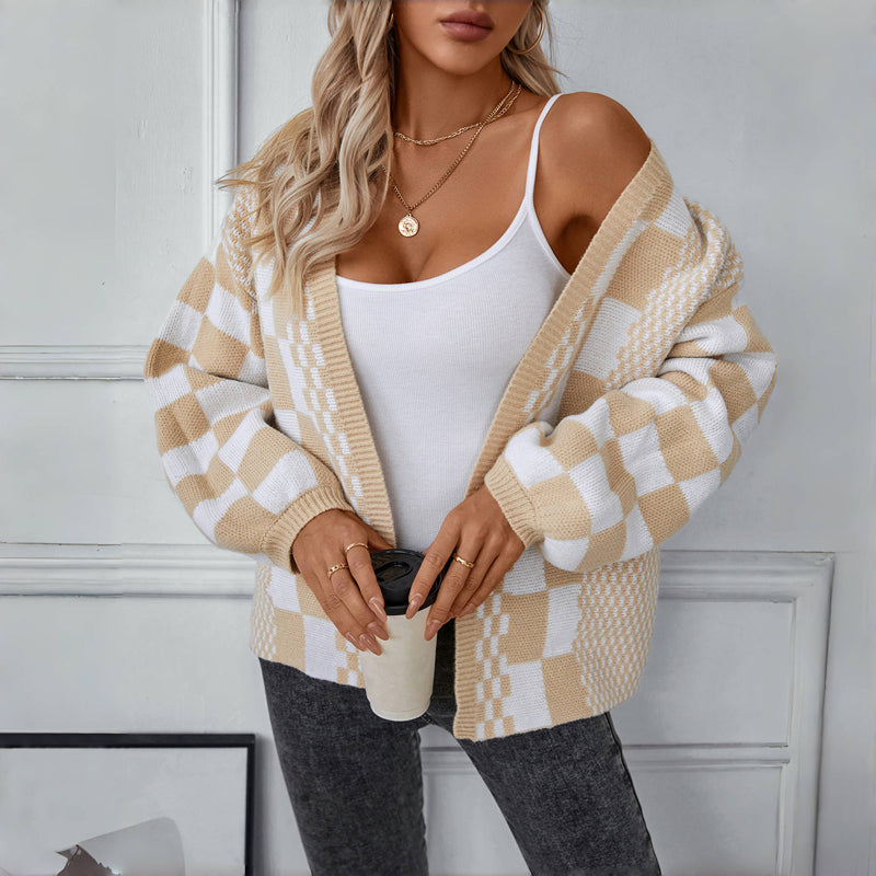 Afslappet Plaid Strikket Cardigan