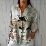 Vintage Bluse Med Kreativt Kattetryk