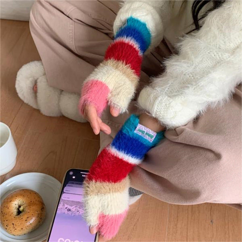 Colorful Striped Plush Gloves