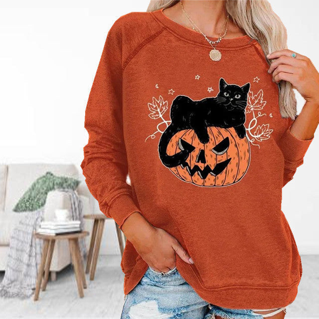 【100 % Bomuld】 Halloween-T-Shirt Med Kattetryk