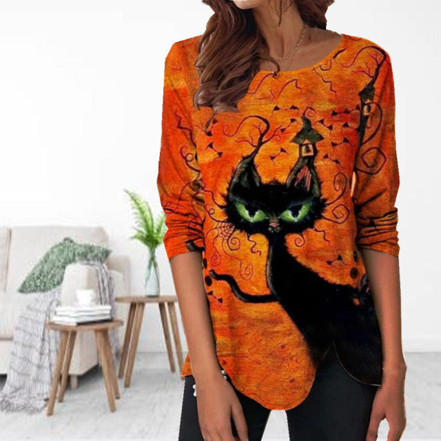 Halloween Bluse Med Kattetryk