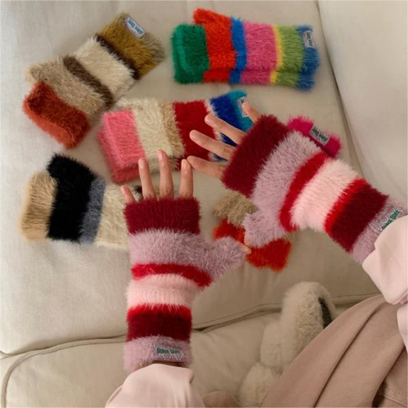 Colorful Striped Plush Gloves