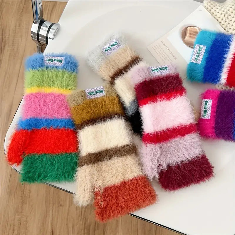 Colorful Striped Plush Gloves