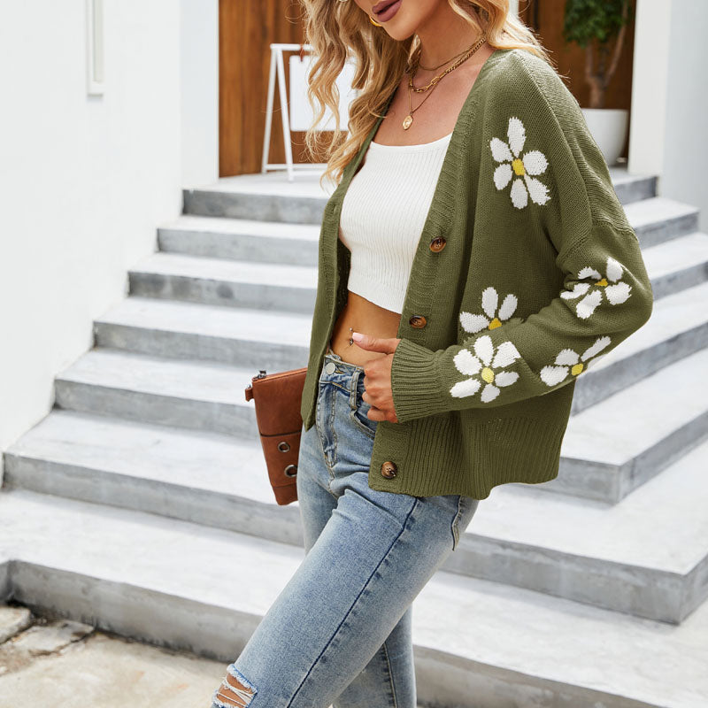 Afslappet Blomsterstrikket Cardigan