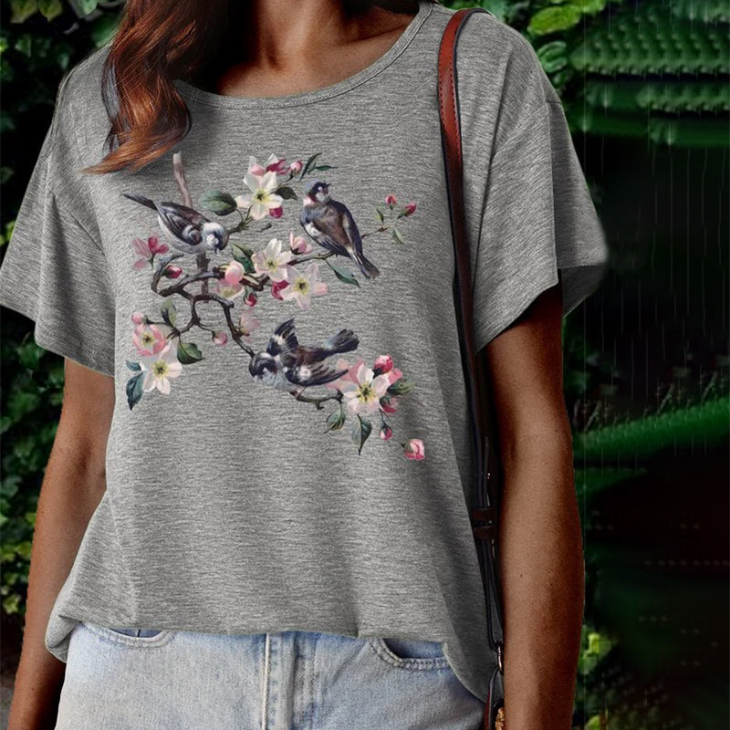【100% Bomuld】 T-Shirt Med Blomster- Og Dyreprint