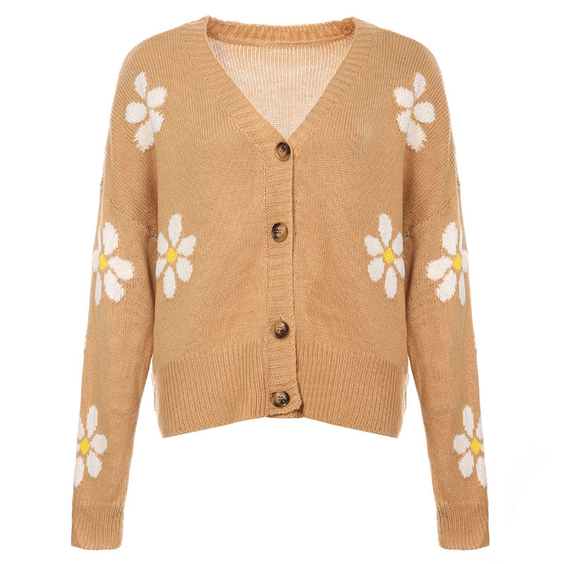 Afslappet Blomsterstrikket Cardigan